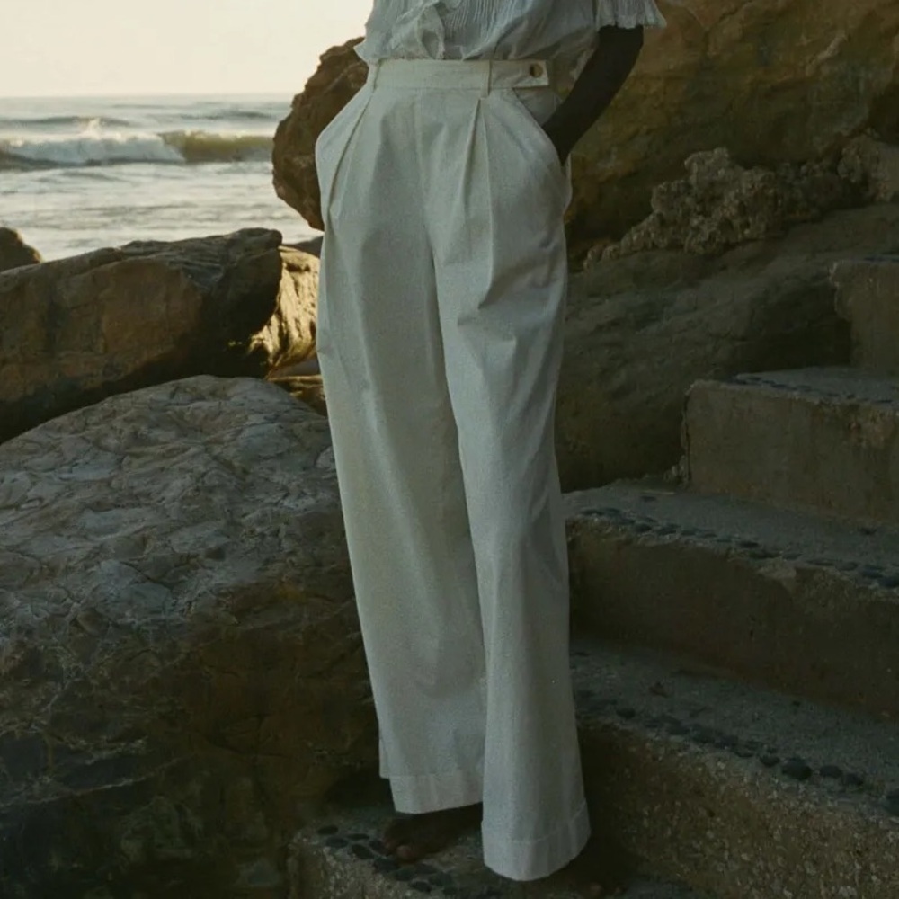 Doen Hilaire Cotton High Waist Wide Leg Cuff Palazzo Pants Trousers Salt White - Picture 5 of 14